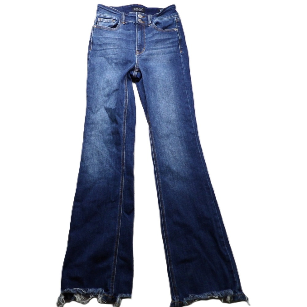 Judy Blue Women Boot Cut Jeans Dark Wash Cotton Stretch Distressed Hem 5 27 Logo
